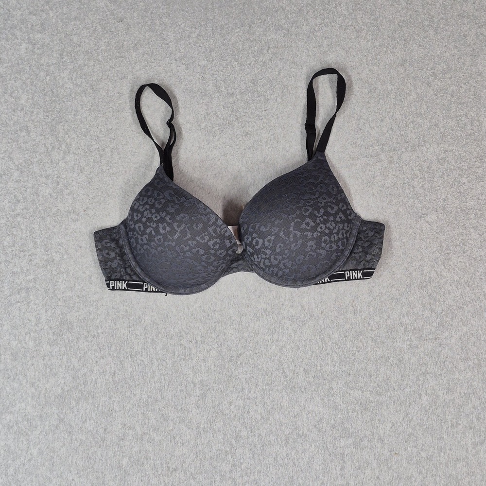 Victoria's Secret PINK Women Bra 34C Black Animal Print T Shirt Underwired